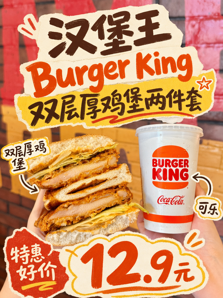 汉堡王双层厚鸡堡+可乐12.9元,鸡肉双层满足